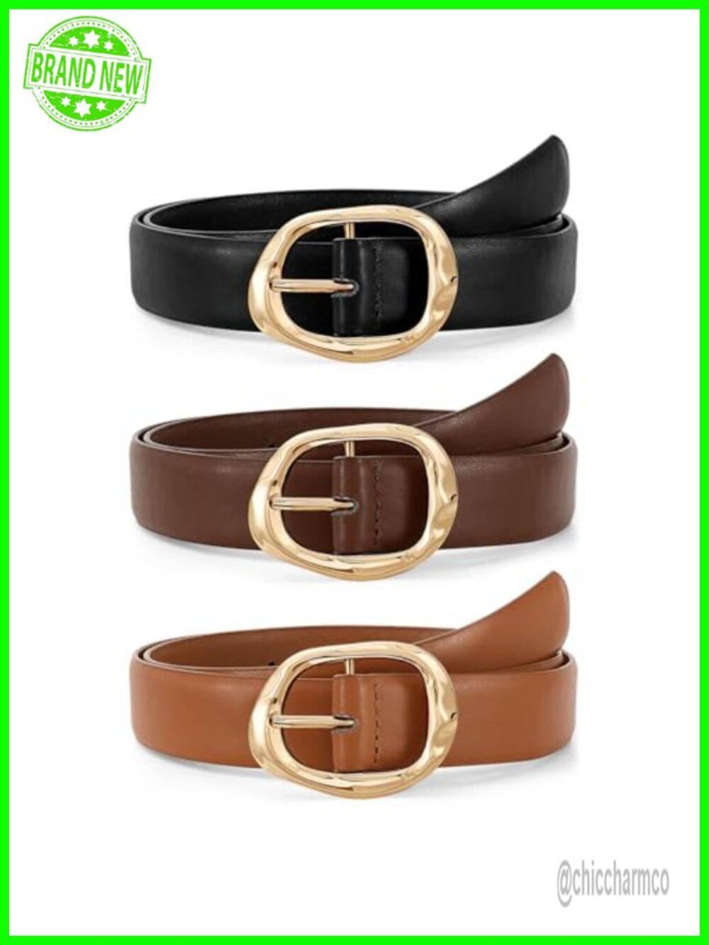 3 Pack Women's Faux Leather Belts with Gold Buckle, Adjustable Jeans Pants Belt